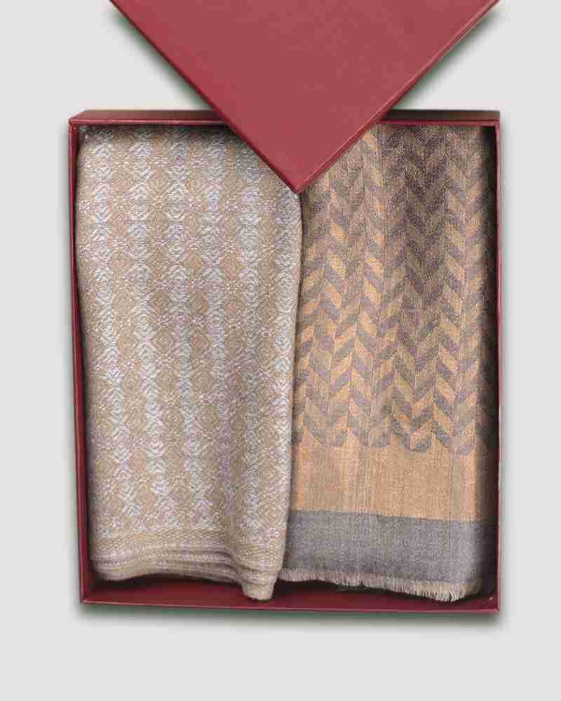 Grey Fine Wool Zari Chevron Pattern Stole & Grey Acrylic Texture Muffler Combo